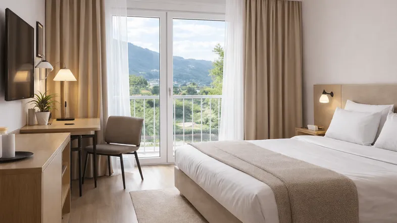 Helles Schlafzimmer mit Holzboden, modernem Dekor und Zugang zu einem Balkon mit Bergblick.