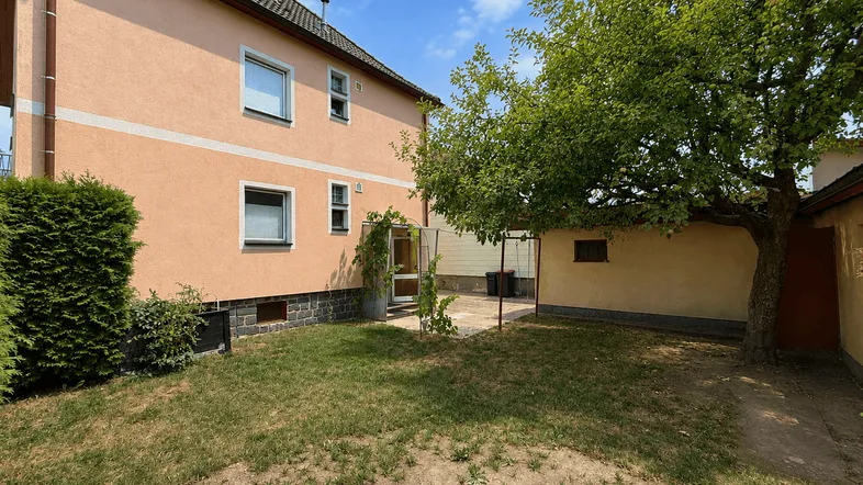 Hinterhof des Hauses mit Rasenfläche, einem Baum und einem kleinen gepflasterten Bereich.