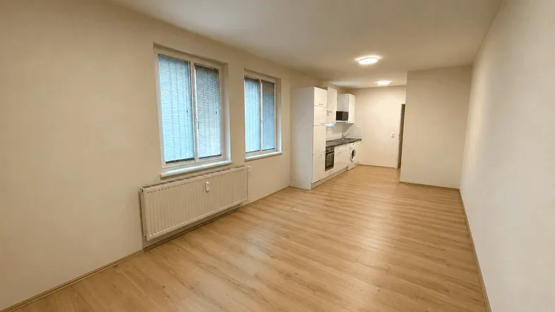 Heller offener Wohnbereich mit integrierter Küchenzeile und Laminatboden, bereit zur individuellen Gestaltung.