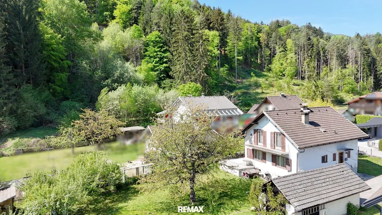 Luftaufnahme des Hauses mit umliegender Natur und dichtem Wald im Hintergrund.