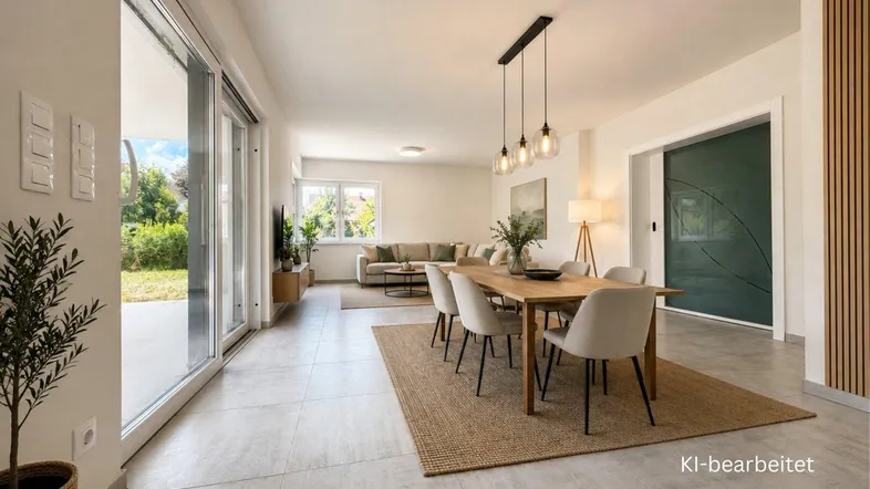 Modernes, offenes Wohn-Esszimmer mit großen Glasschiebetüren zum Garten und stilvoller Einrichtung.