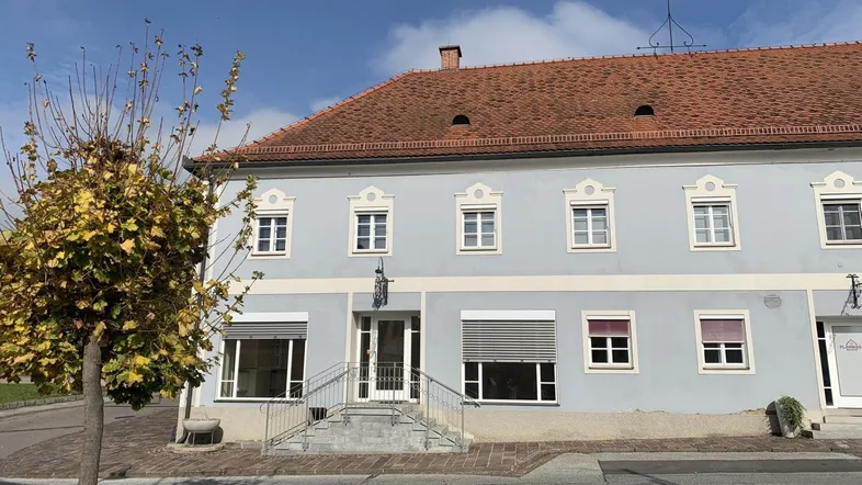 Historisches Gebäude mit hellblauer Fassade, roten Dachziegeln und einem Baum im Vordergrund an einer Straße.
