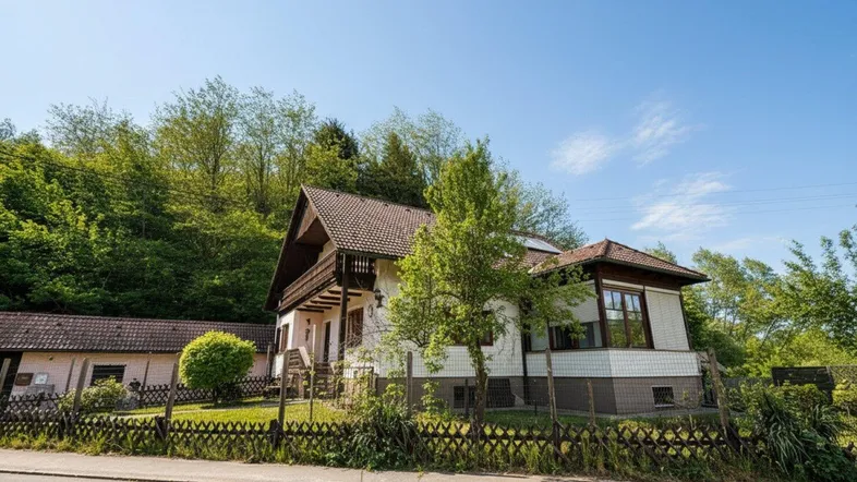 Traditionelles Haus mit Satteldach und Balkon, umgeben von viel Grün und Bäumen.