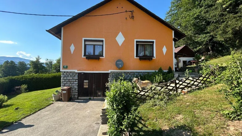 Vorderansicht des Hauses mit orangefarbener Fassade, Steinsockel und umgebender Natur.