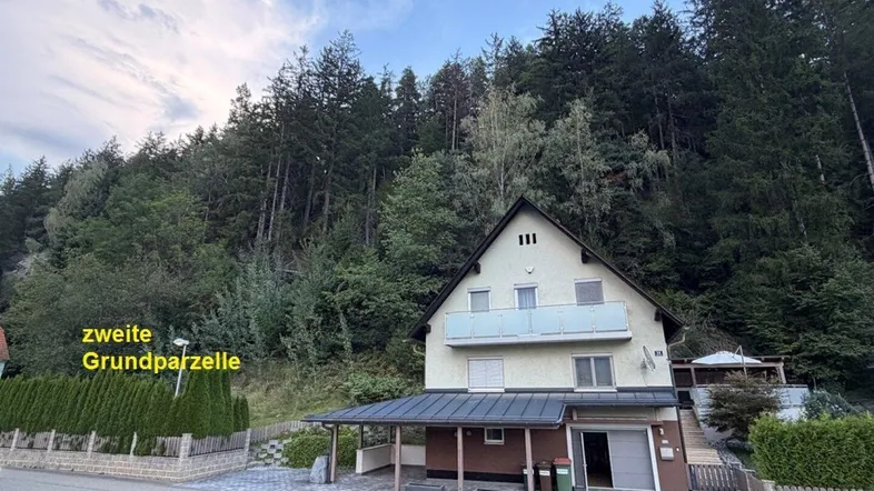 Ansicht des Hauses mit Carport und bewaldetem Hang im Hintergrund, inklusive zweiter Grundparzelle.