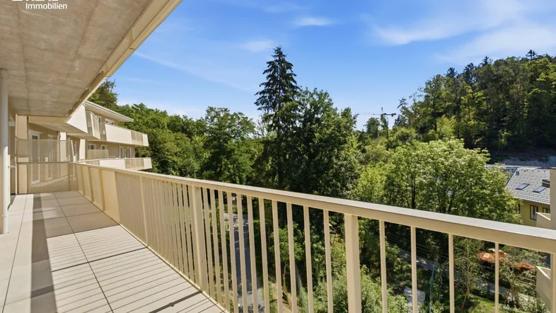 Geräumiger Balkon mit Fliesenboden und weitem Blick ins Grüne und auf die umliegende Natur.