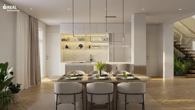 Moderne offene Küche mit Essbereich, Marmor-Arbeitsplatte und eleganten Hängelampen in hellem Ambiente.
