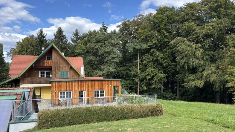 Charmantes Holzhaus mit rotem Dach, umgeben von üppigem Grün und einer kleinen Terrasse.