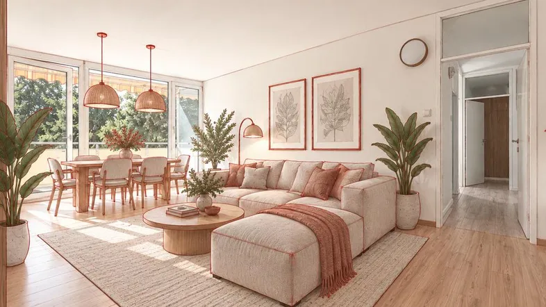 Helles, offenes Wohn- und Esszimmer mit modernem Design, Holzboden und Zugang zum Balkon.