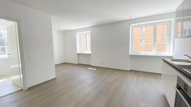 Helles Wohnzimmer mit integrierter Küchenzeile und modernem Laminatboden.