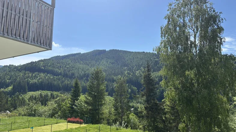 Panoramablick auf die grüne Berglandschaft von einem sonnigen Balkon aus.