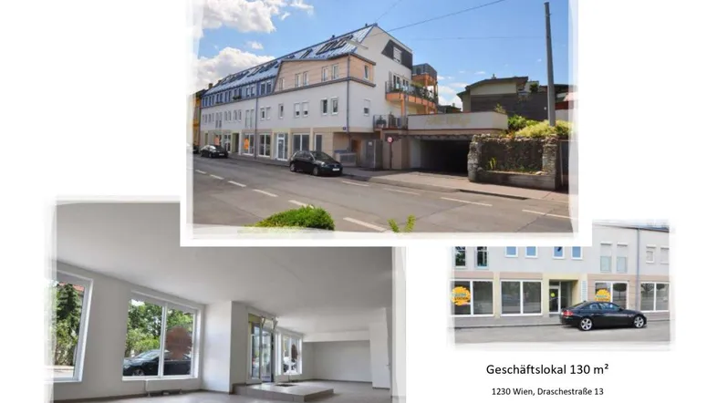 Collage mit Außenansicht des Gebäudes, einem leeren Geschäftslokal und weiteren Fassadendetails.
