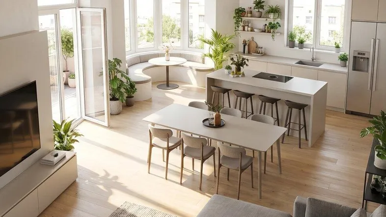 Heller, offener Wohnbereich mit moderner Küche, Essbereich und Zugang zu einem Balkon.