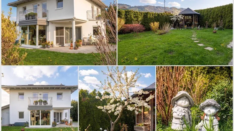 Ansicht des Hauses von außen mit gepflegtem Garten, Terrasse und Gartenlaube.