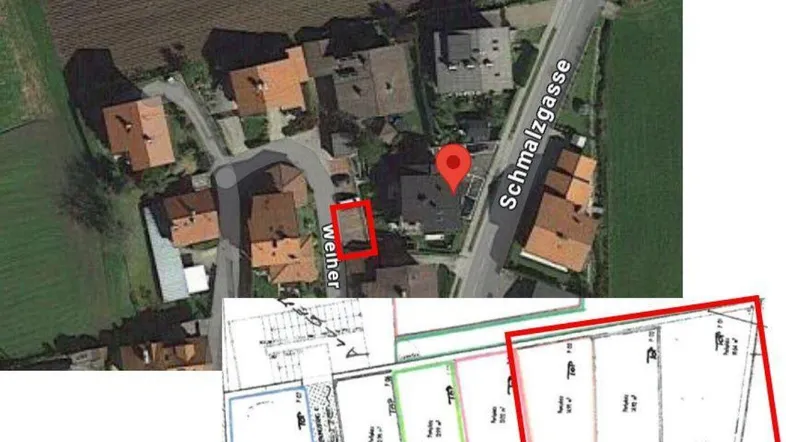 Luftaufnahme des Grundstücks mit umliegender Bebauung und überlagertem Katasterplan zur Orientierung.
