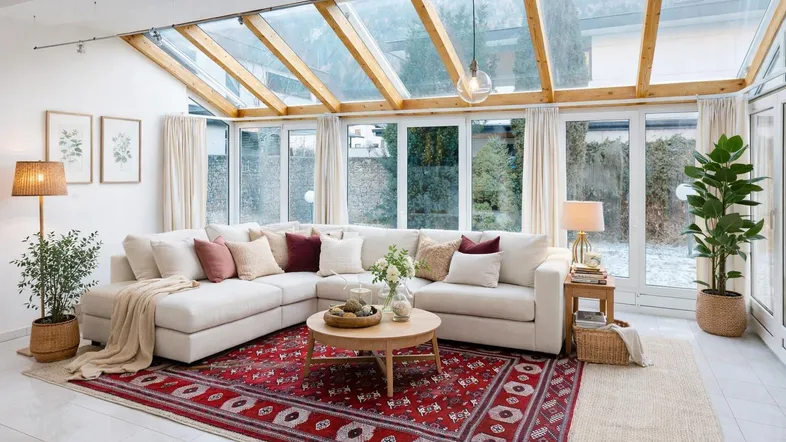 Helles Wohnzimmer mit großem Ecksofa, Teppich und Glasdach für viel Tageslicht.