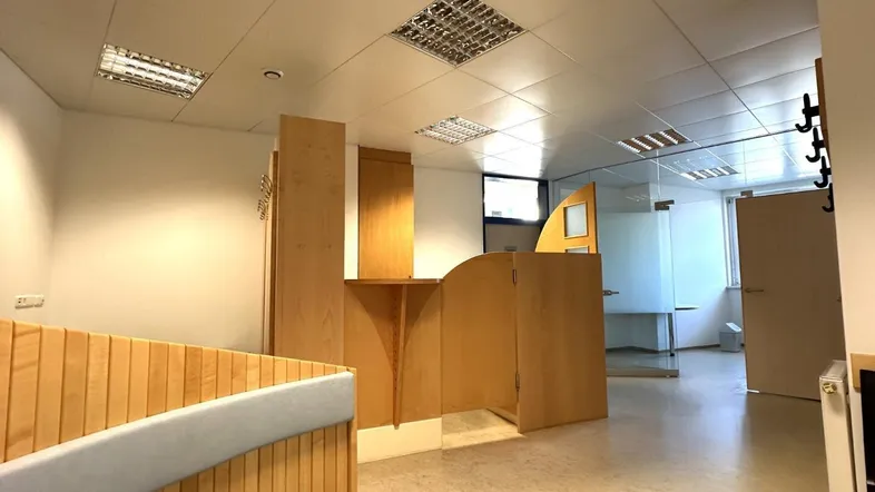 Empfangsbereich mit geschwungener Holztheke und Blick auf angrenzende Büroräume.