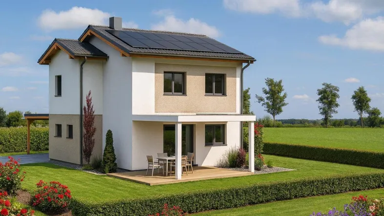 Modernes Einfamilienhaus mit Photovoltaikanlage, Terrasse und gepflegtem Garten unter blauem Himmel.