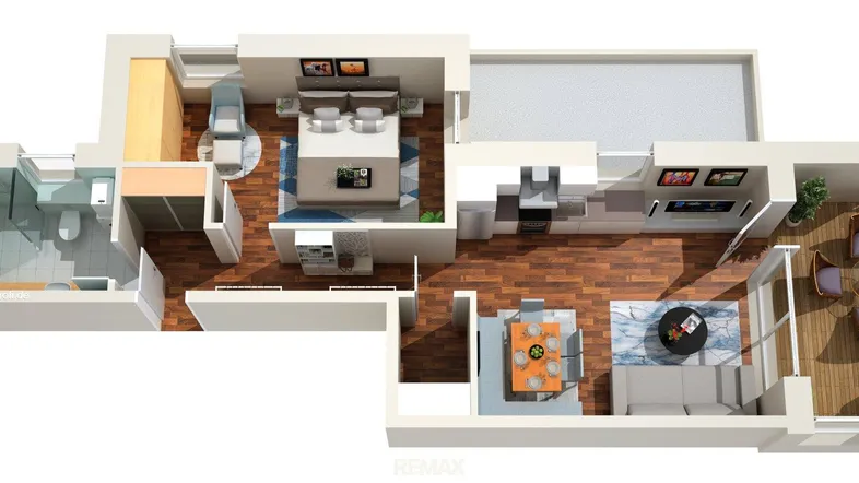 3D-Grundriss einer modernen Wohnung mit offenem Wohnbereich, Schlafzimmer und Balkon.