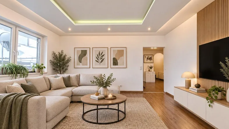 Helles Wohnzimmer mit moderner Einrichtung, indirekter Beleuchtung und Holzboden.