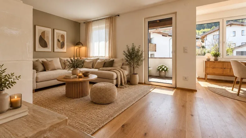 Gemütliches Wohnzimmer mit hellem Sofa, Holzboden und Zugang zu einem kleinen Balkon.