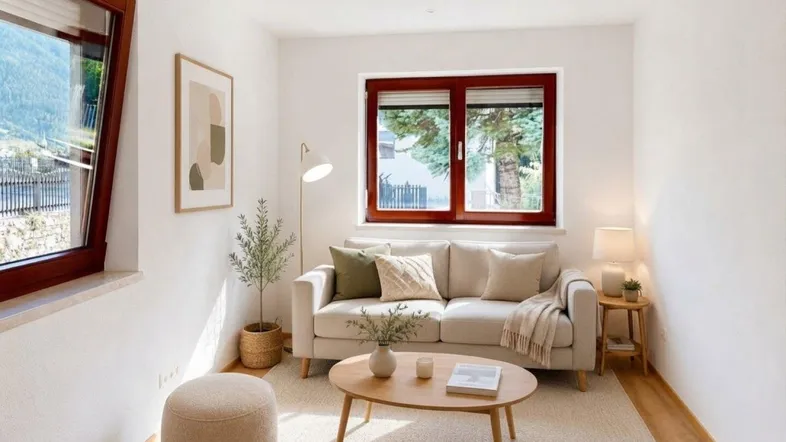 Helles Wohnzimmer mit beigem Sofa, Holzboden und Blick ins Grüne durch die Fenster.