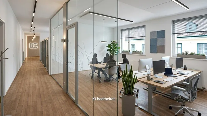 Moderner Bürobereich mit Glaswänden, Holzboden und Arbeitsplätzen, die viel natürliches Licht erhalten.