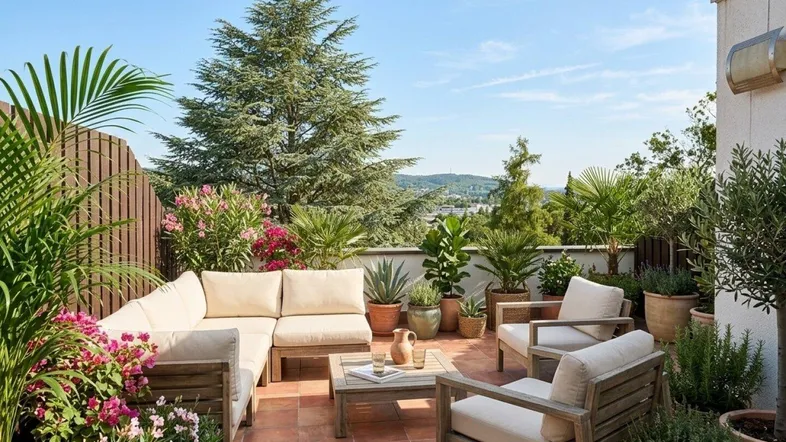 Geräumige Dachterrasse mit bequemen Loungemöbeln, vielen Pflanzen und weitem Blick ins Grüne.