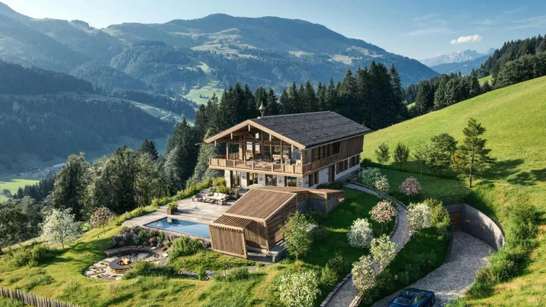 Luxuriöses Chalet in den Bergen mit Pool, Feuerstelle und weitläufiger Auffahrt zur Tiefgarage.