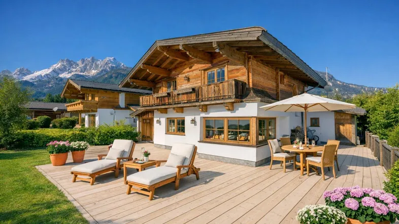 Geräumige Holzterrasse mit Liegestühlen und Essbereich vor einem traditionellen Chalet mit Bergblick.