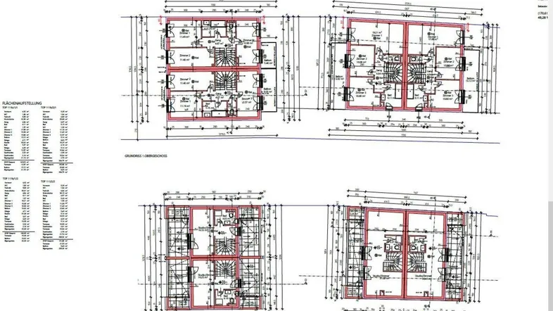 Detaillierter Grundrissplan mit verschiedenen Ebenen und Maßangaben für die Wohneinheiten.