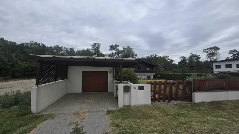 Einfahrt zum Haus mit Carport und Garage, umgeben von Grünflächen und einem Holzzaun.