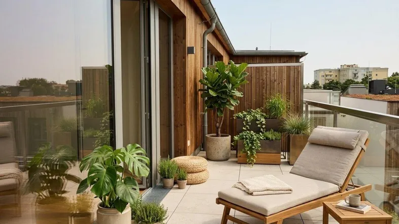 Geräumige Dachterrasse mit Holzverkleidung, bequemer Liege und vielen Pflanzen für entspannte Stunden im Freien.
