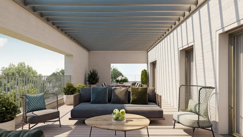 Geräumige Dachterrasse mit moderner Lounge-Möblierung und Pergola für entspannte Stunden im Freien.