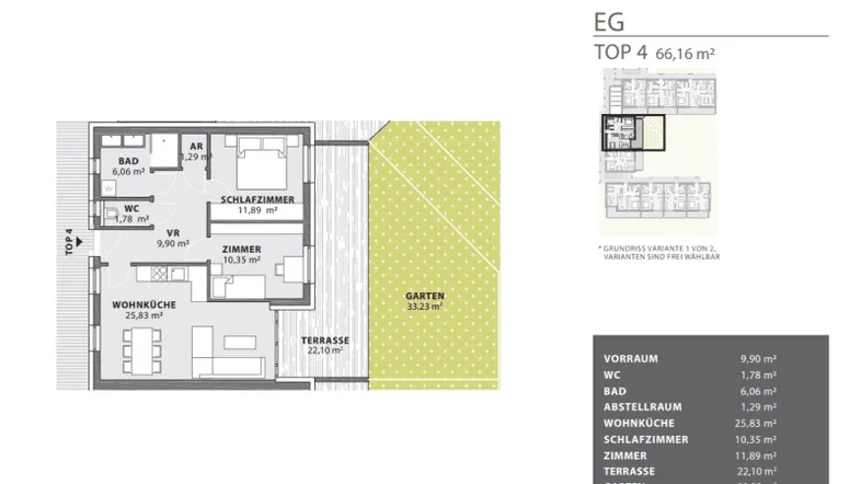 Grundriss einer Erdgeschosswohnung mit Wohnküche, zwei Zimmern, Bad, WC, Terrasse und Garten.
