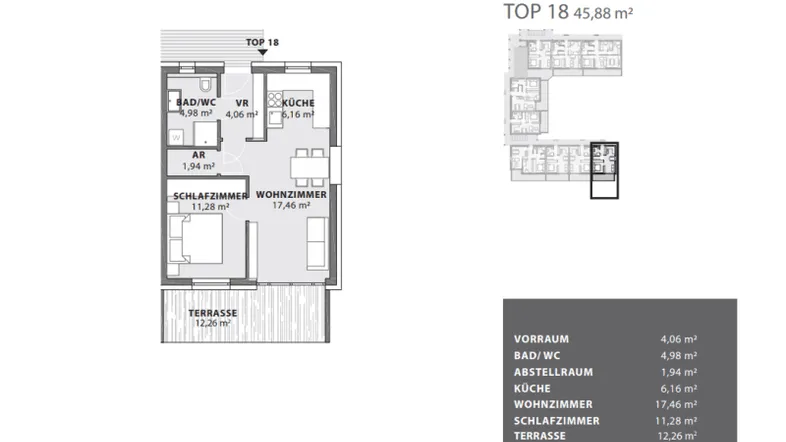 Grundriss der Wohnung TOP 18 im ersten Obergeschoss mit Wohnzimmer, Schlafzimmer und Terrasse.
