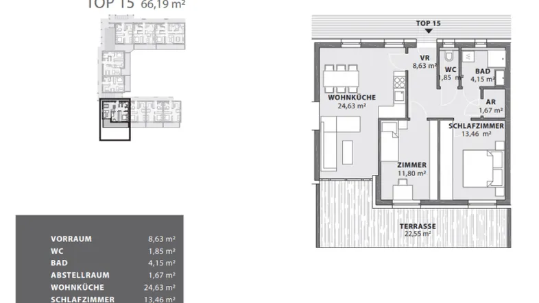 Grundriss der Wohnung TOP 15 im 1. Obergeschoss mit Wohnküche, Schlafzimmer und Terrasse.