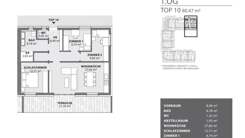 Grundriss der Wohnung TOP 10 im ersten Obergeschoss mit Terrasse und zwei Schlafzimmern.