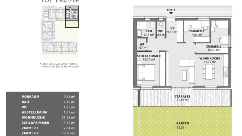 Grundriss einer Wohnung mit drei Zimmern, offener Wohnküche, Terrasse und Gartenanteil.