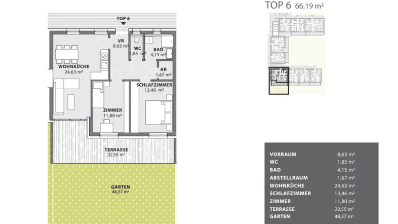 Grundriss der Wohnung Top 6 mit offener Wohnküche, Schlafzimmer, Terrasse und Gartenanteil.