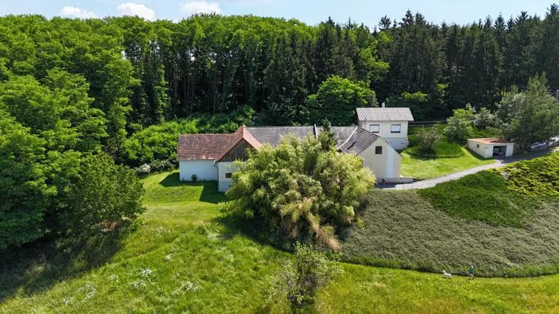 Luftaufnahme des Anwesens mit mehreren Gebäuden, umgeben von grünen Wiesen und dichtem Wald.