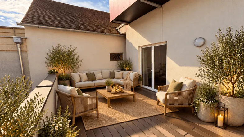 Eine geräumige Terrasse mit bequemen Lounge-Möbeln und Pflanzen, ideal zum Entspannen im Freien.