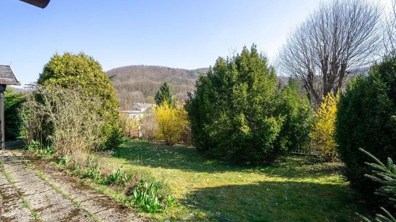 Grüner Gartenbereich mit Rasenfläche, Sträuchern und Blick auf die umliegenden bewaldeten Hügel.