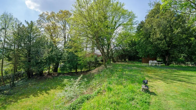 Grüner Gartenbereich mit Rasenfläche, Bäumen und einem kleinen Sitzplatz im Freien.
