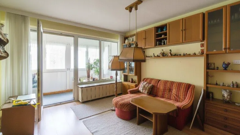 Gemütliches Wohnzimmer mit Sofa, Holzmöbeln und Zugang zu einem verglasten Balkon.