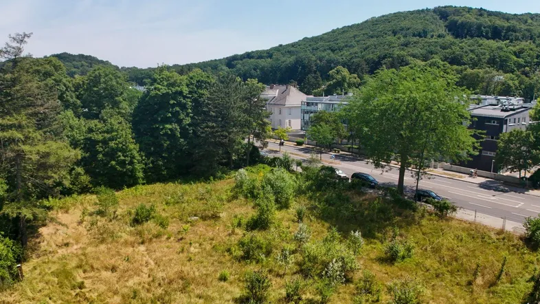 Blick auf ein unbebautes Grundstück mit angrenzender Straße und bewaldeten Hügeln im Hintergrund.