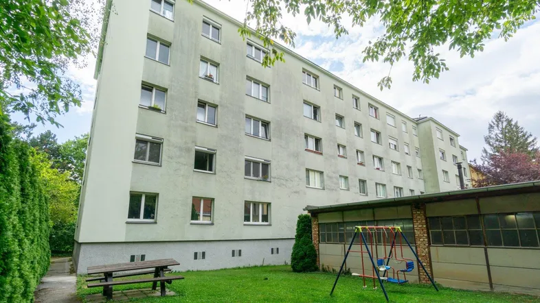 Mehrstöckiges Wohngebäude mit grüner Fassade und vielen Fenstern, umgeben von Bäumen und einem Spielplatz.