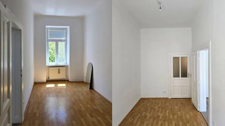 Helle, leere Räume mit Holzboden und weißen Wänden, bereit für die individuelle Gestaltung.