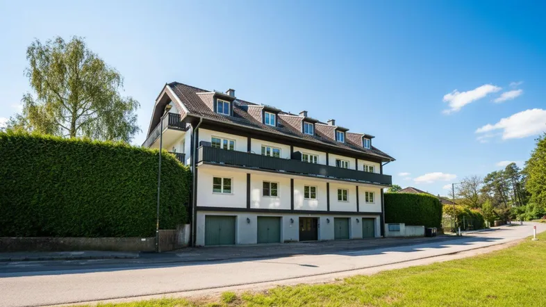 Das gepflegte Mehrfamilienhaus präsentiert sich mit einer weißen Fassade, Mansarddach und integrierten Garagen.