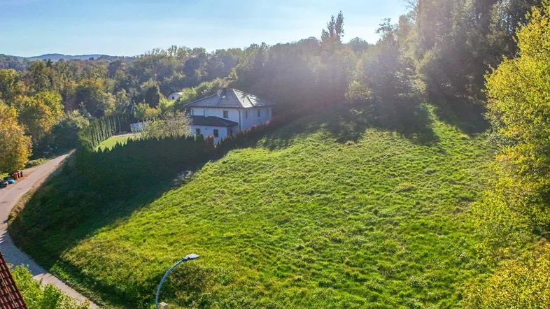 Weitläufiges Grundstück mit Hanglage und umgeben von grüner Natur und Bäumen unter strahlendem Sonnenschein.